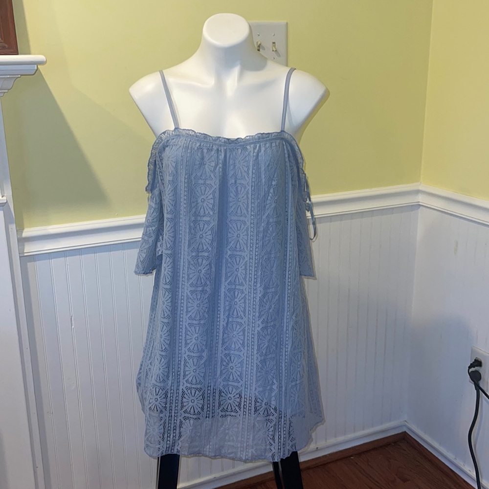 Love, fire ladies pale blue lace off the shoulder top/ dress. NWT. Size large.